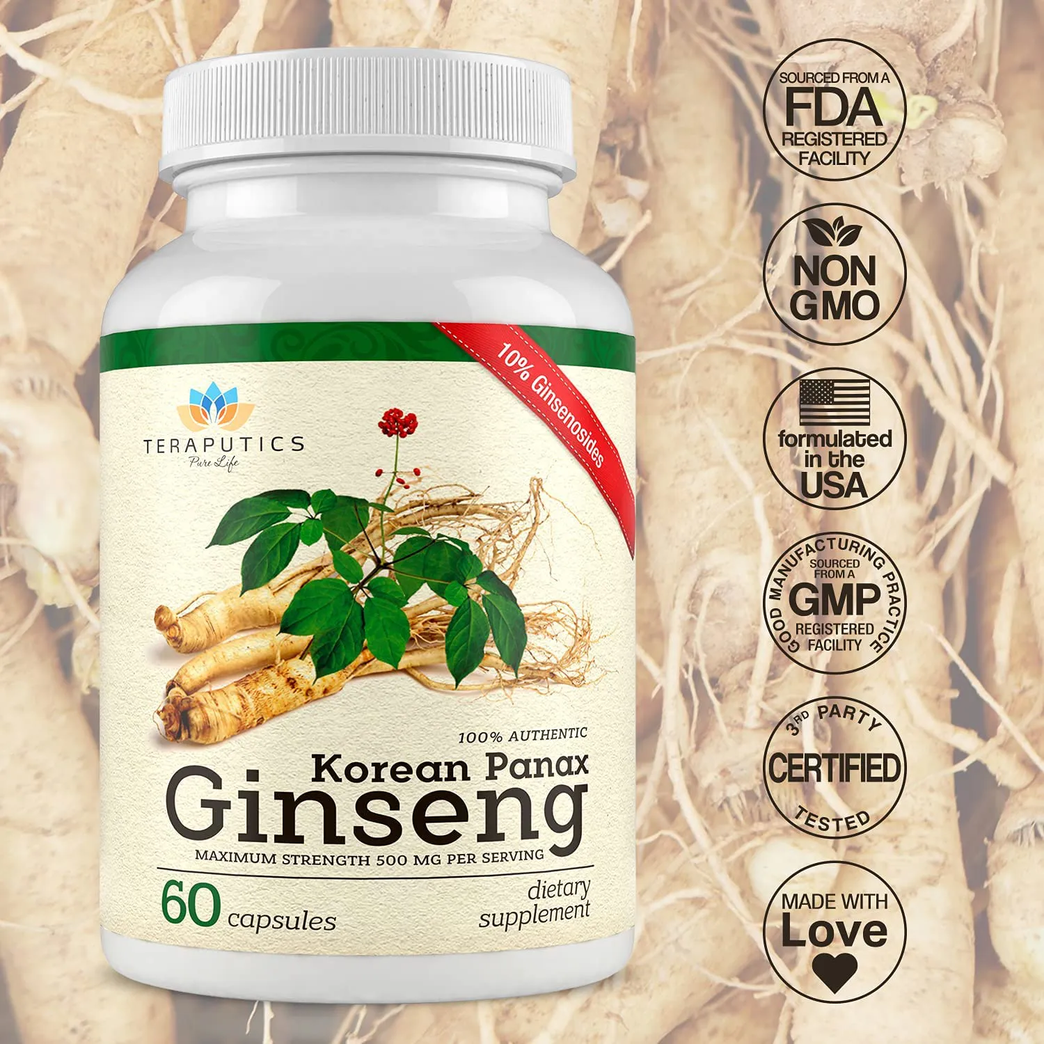 100% Authentic Korean Panax Ginseng Dietary Supplement | Capsules for Men and Women, Supports Sexual Health, Energy and Productivity, Cognitive Function, and Focus | 60 Capsules, 500mg Per Serving