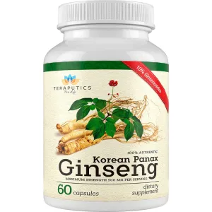 100% Authentic Korean Panax Ginseng Dietary Supplement | Capsules for Men and Women, Supports Sexual Health, Energy and Productivity, Cognitive Function, and Focus | 60 Capsules, 500mg Per Serving