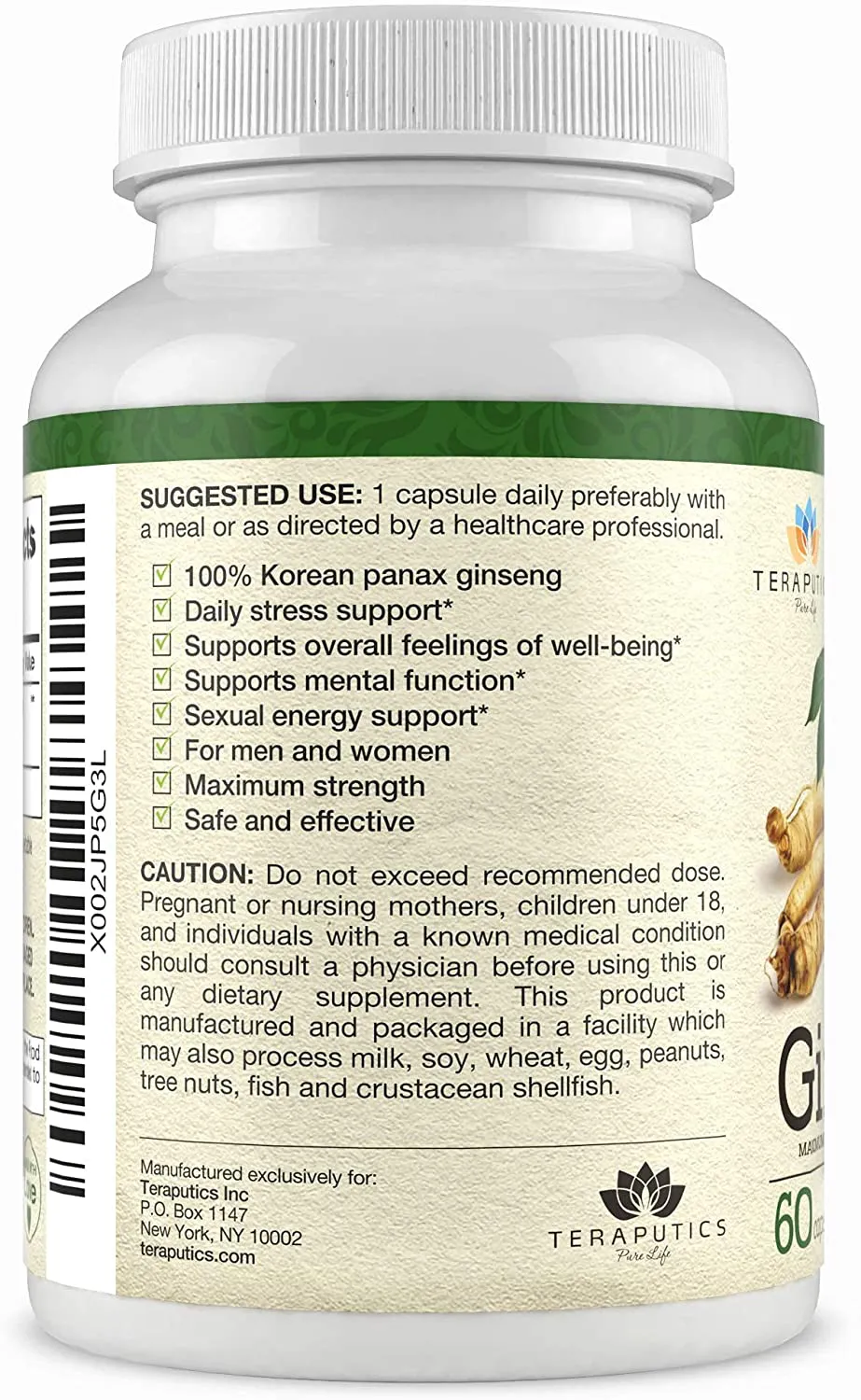 100% Authentic Korean Panax Ginseng Dietary Supplement | Capsules for Men and Women, Supports Sexual Health, Energy and Productivity, Cognitive Function, and Focus | 60 Capsules, 500mg Per Serving
