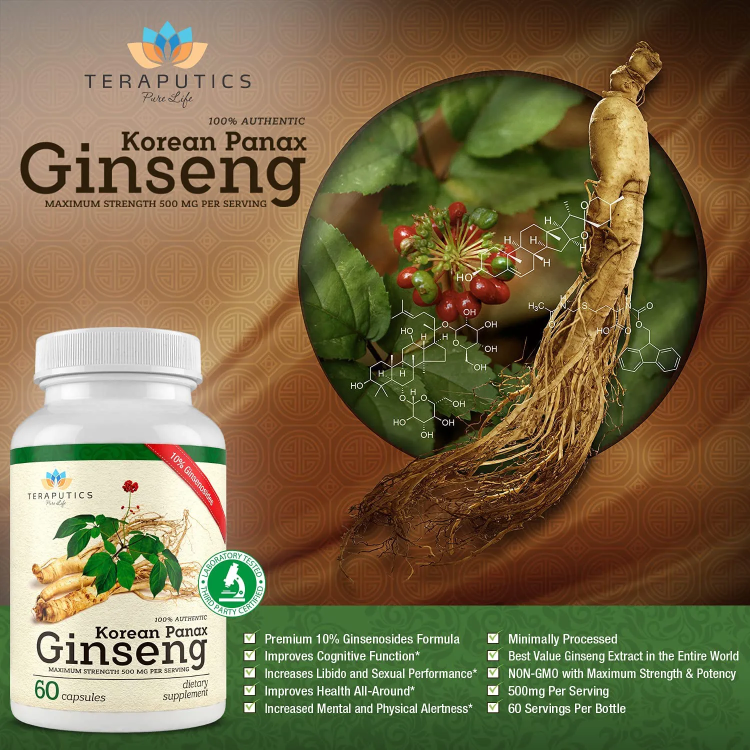 100% Authentic Korean Panax Ginseng Dietary Supplement | Capsules for Men and Women, Supports Sexual Health, Energy and Productivity, Cognitive Function, and Focus | 60 Capsules, 500mg Per Serving