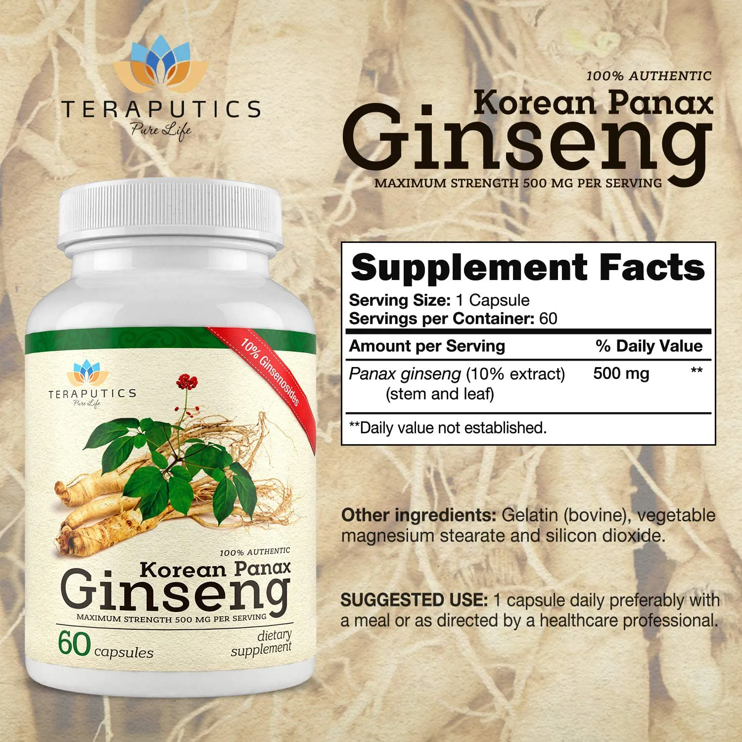 100% Authentic Korean Panax Ginseng Dietary Supplement | Capsules for Men and Women, Supports Sexual Health, Energy and Productivity, Cognitive Function, and Focus | 60 Capsules, 500mg Per Serving