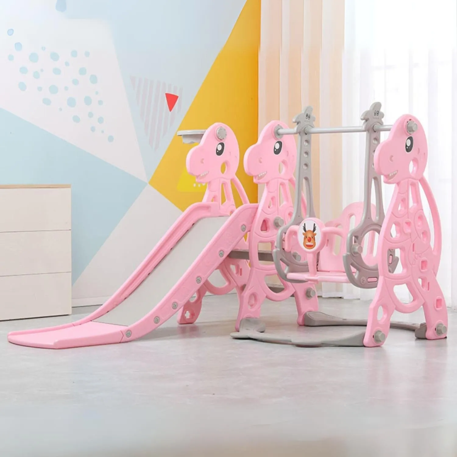 3-in-1 Kids Slide, Swing, Basketball Set with Anti-Slip