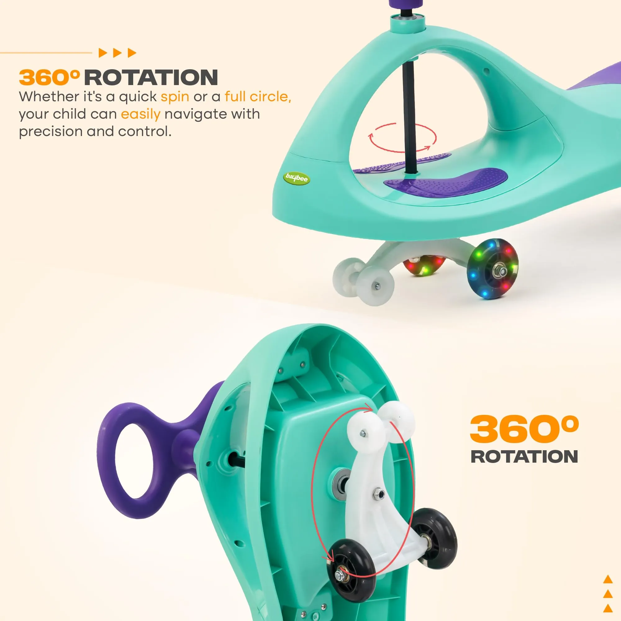 Baybee Glide Kids Magic Swing Car with 360° Steering, Music & PU LED Wheels | Magic Cars for Kids 3 to 8 Years Boys Girls