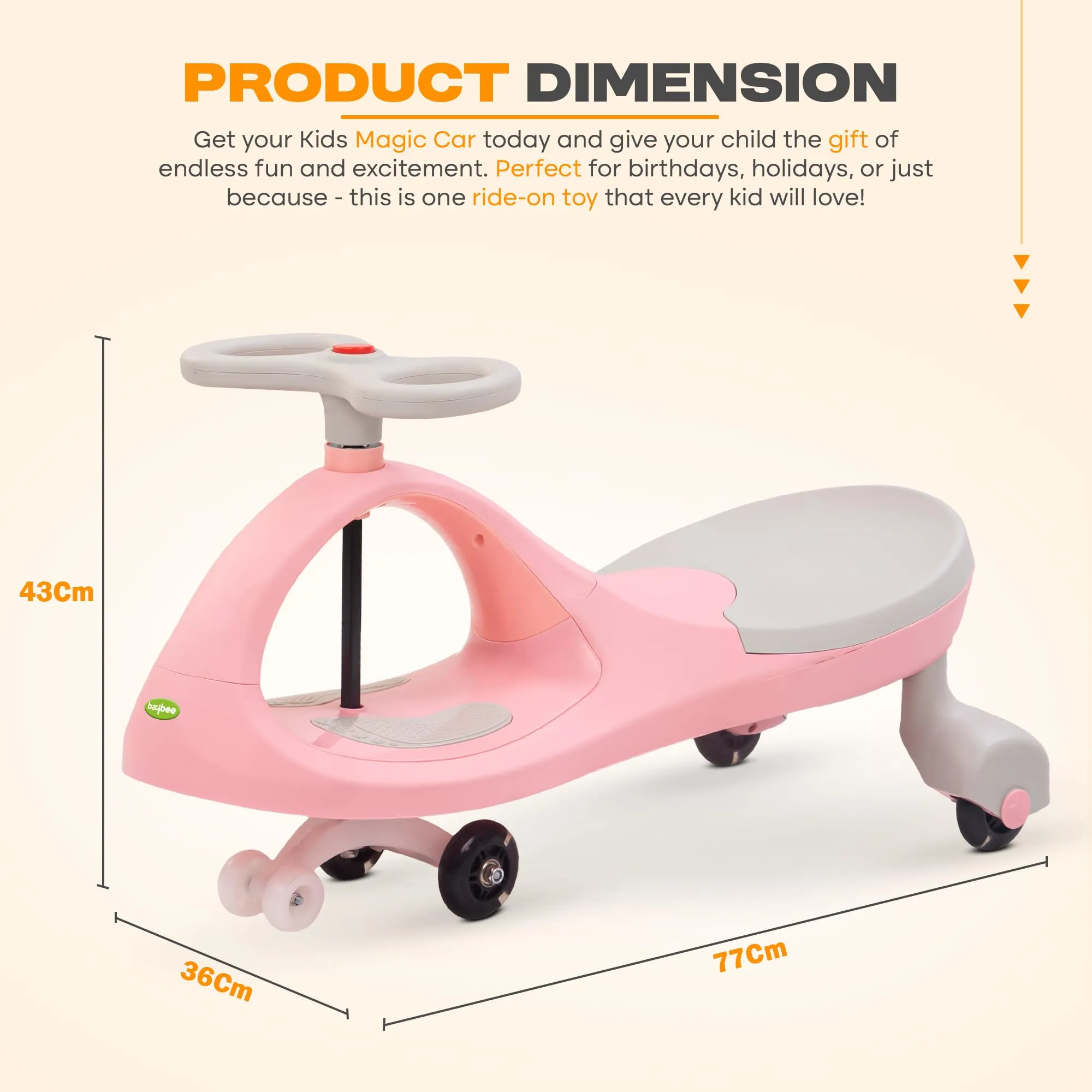 Baybee Glide Kids Magic Swing Car with 360° Steering, Music & PU LED Wheels | Magic Cars for Kids 3 to 8 Years Boys Girls