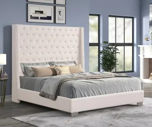 Beige Fabric Upholstered Tufted Wing Bed - Queen or King- Model Lyra