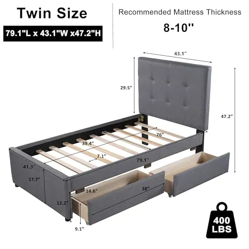 Bellemave Upholstered Twin Size Platform Bed Frame with 2 Storage Drawers and Headboard, Linen Fabric Simple Style, Solid Wooden Slats Support, No Box Spring Needed, Grey