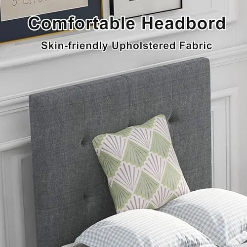 Bellemave Upholstered Twin Size Platform Bed Frame with 2 Storage Drawers and Headboard, Linen Fabric Simple Style, Solid Wooden Slats Support, No Box Spring Needed, Grey