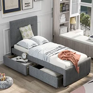 Bellemave Upholstered Twin Size Platform Bed Frame with 2 Storage Drawers and Headboard, Linen Fabric Simple Style, Solid Wooden Slats Support, No Box Spring Needed, Grey