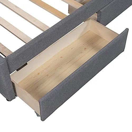 Bellemave Upholstered Twin Size Platform Bed Frame with 2 Storage Drawers and Headboard, Linen Fabric Simple Style, Solid Wooden Slats Support, No Box Spring Needed, Grey
