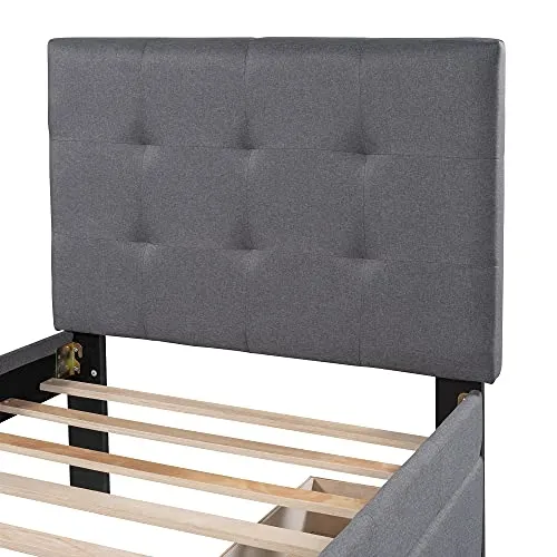 Bellemave Upholstered Twin Size Platform Bed Frame with 2 Storage Drawers and Headboard, Linen Fabric Simple Style, Solid Wooden Slats Support, No Box Spring Needed, Grey