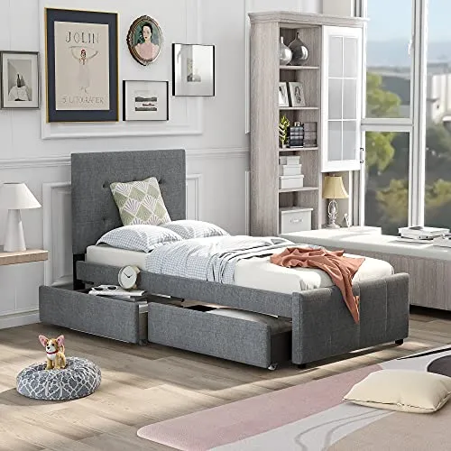 Bellemave Upholstered Twin Size Platform Bed Frame with 2 Storage Drawers and Headboard, Linen Fabric Simple Style, Solid Wooden Slats Support, No Box Spring Needed, Grey