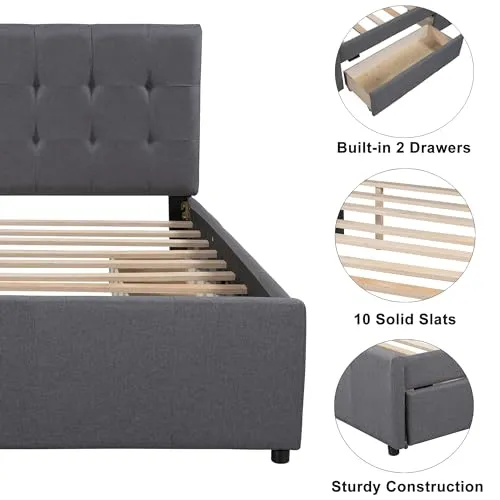 Bellemave Upholstered Twin Size Platform Bed Frame with 2 Storage Drawers and Headboard, Linen Fabric Simple Style, Solid Wooden Slats Support, No Box Spring Needed, Grey
