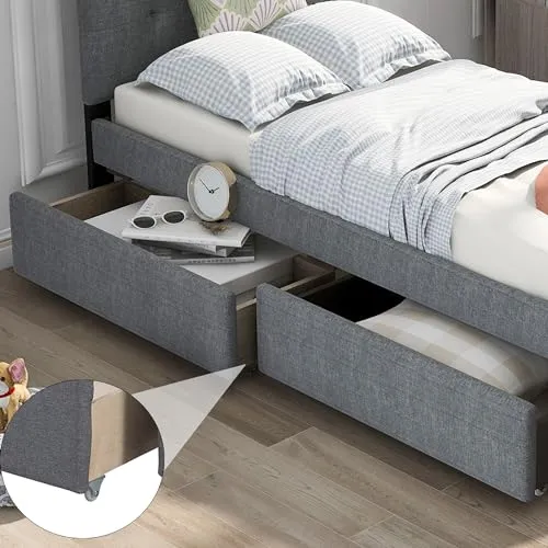 Bellemave Upholstered Twin Size Platform Bed Frame with 2 Storage Drawers and Headboard, Linen Fabric Simple Style, Solid Wooden Slats Support, No Box Spring Needed, Grey