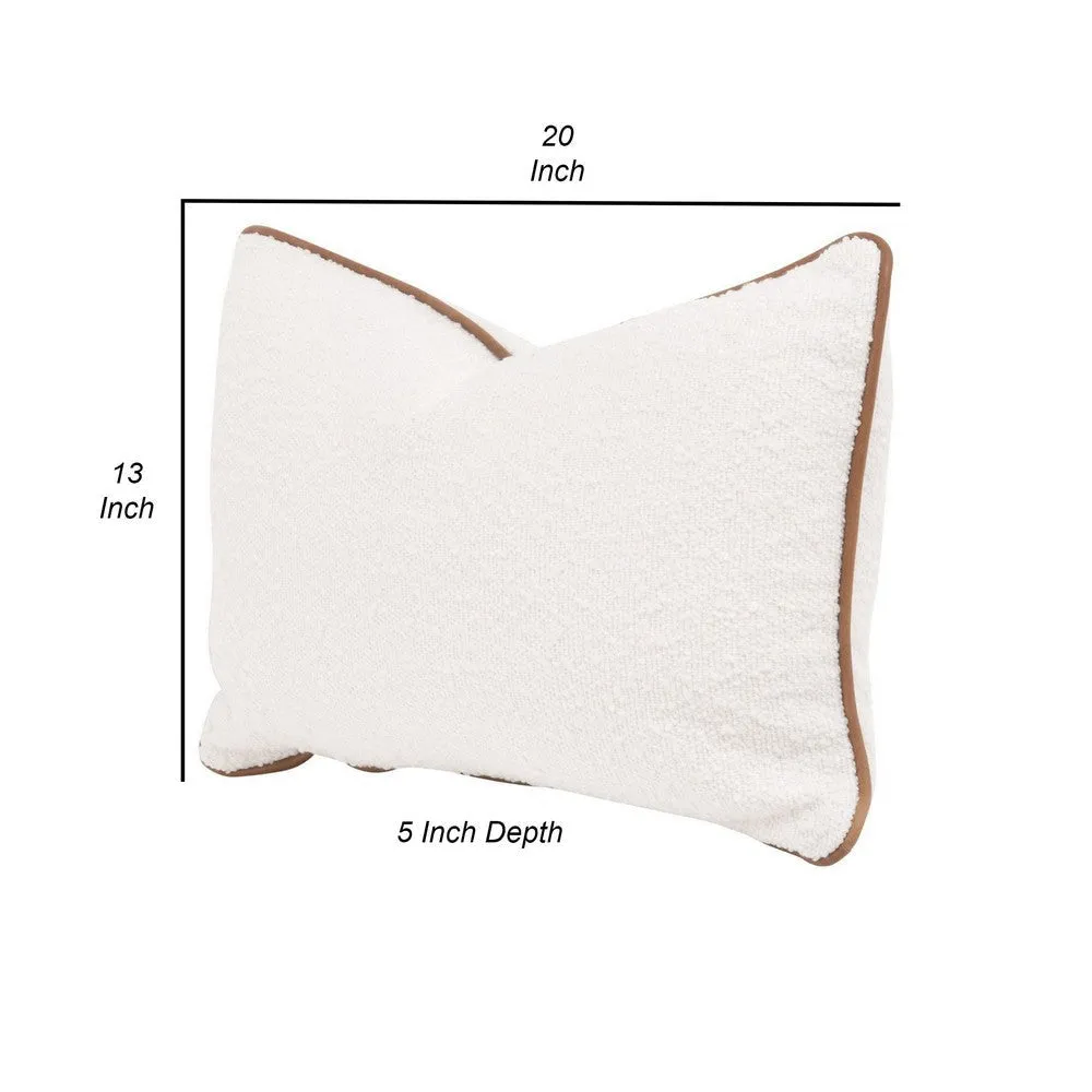 Bera 20 Inch Set of 2 Lumbar Pillows, Brown Leather Piping, White Boucle By Casagear Home