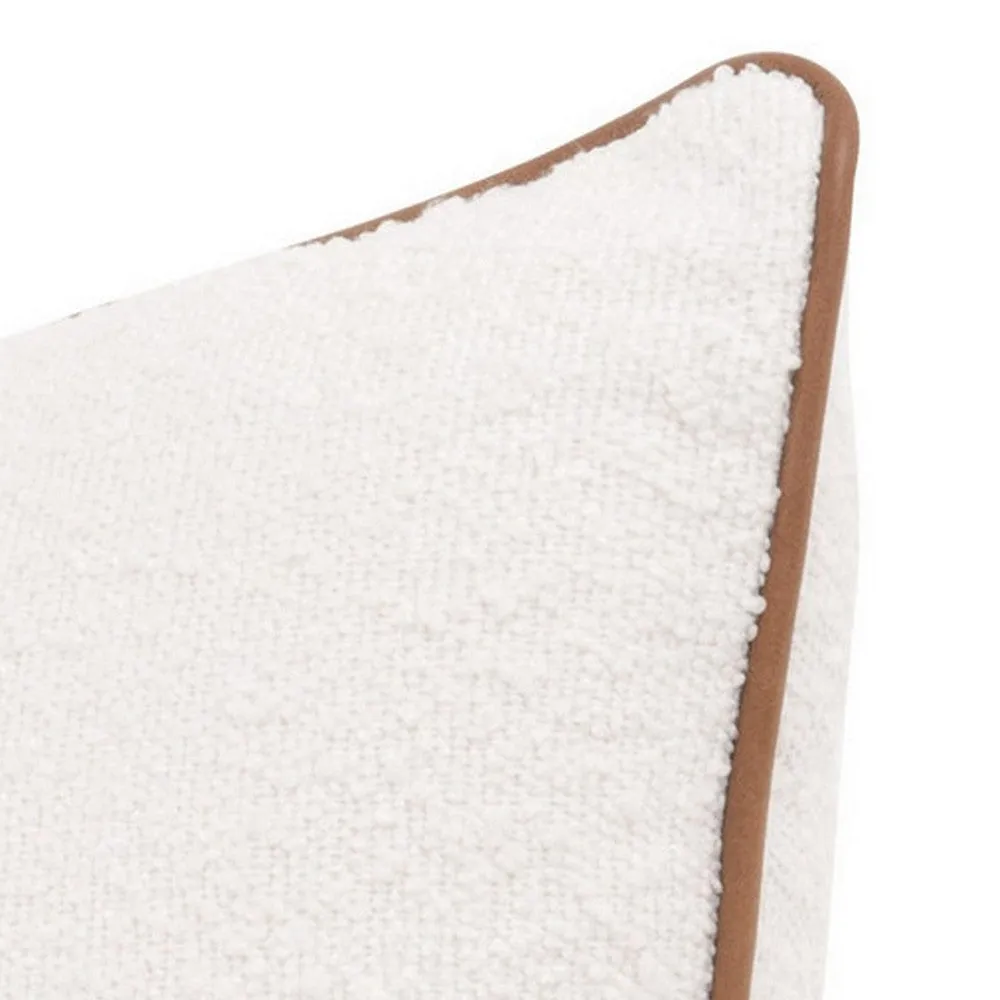 Bera 20 Inch Set of 2 Lumbar Pillows, Brown Leather Piping, White Boucle By Casagear Home