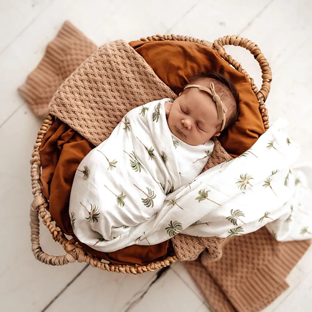 Green Palm Muslin Wrap Birth Announcement Set