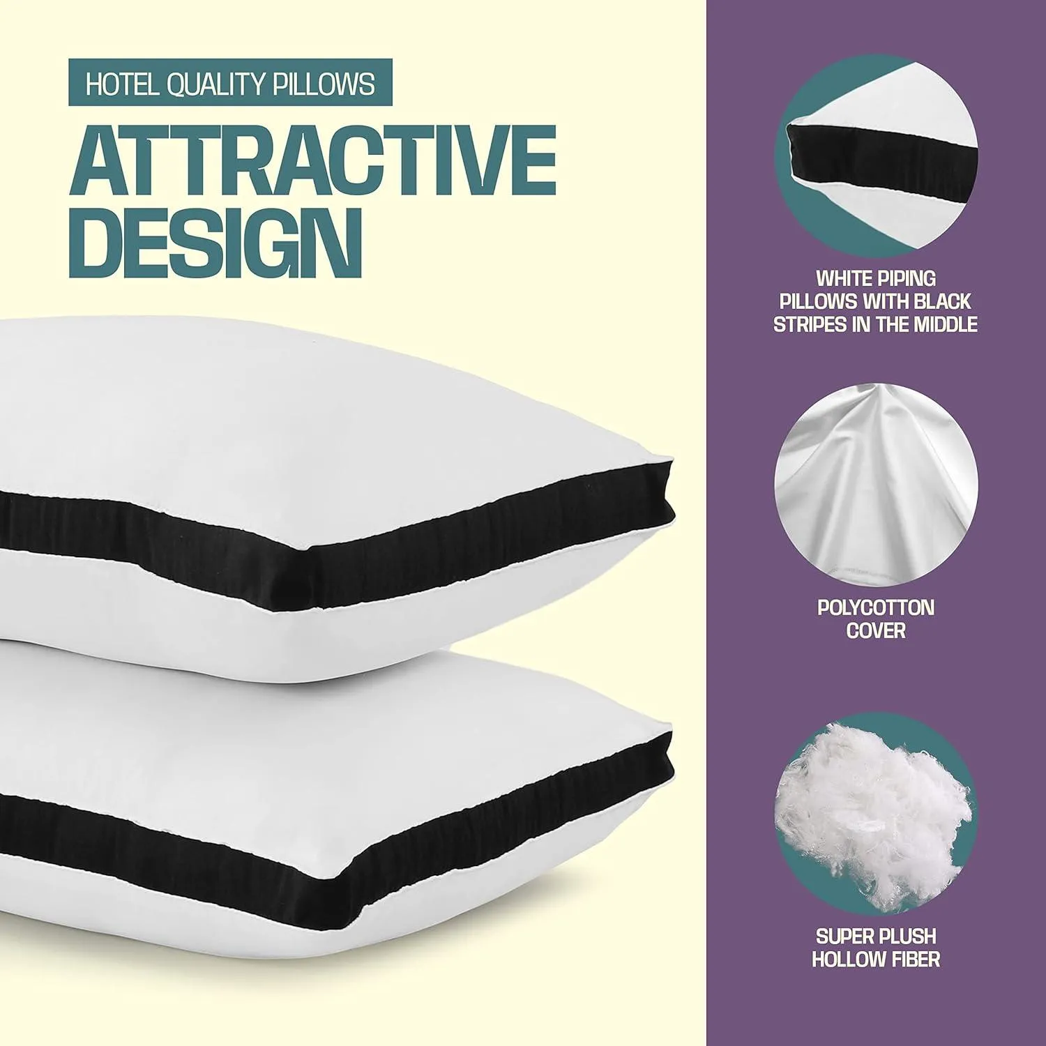 Hollowfibre Filled Bed Pillow Provide Extra Comfort To Back and Side Sleepers – Black – Pack of 2