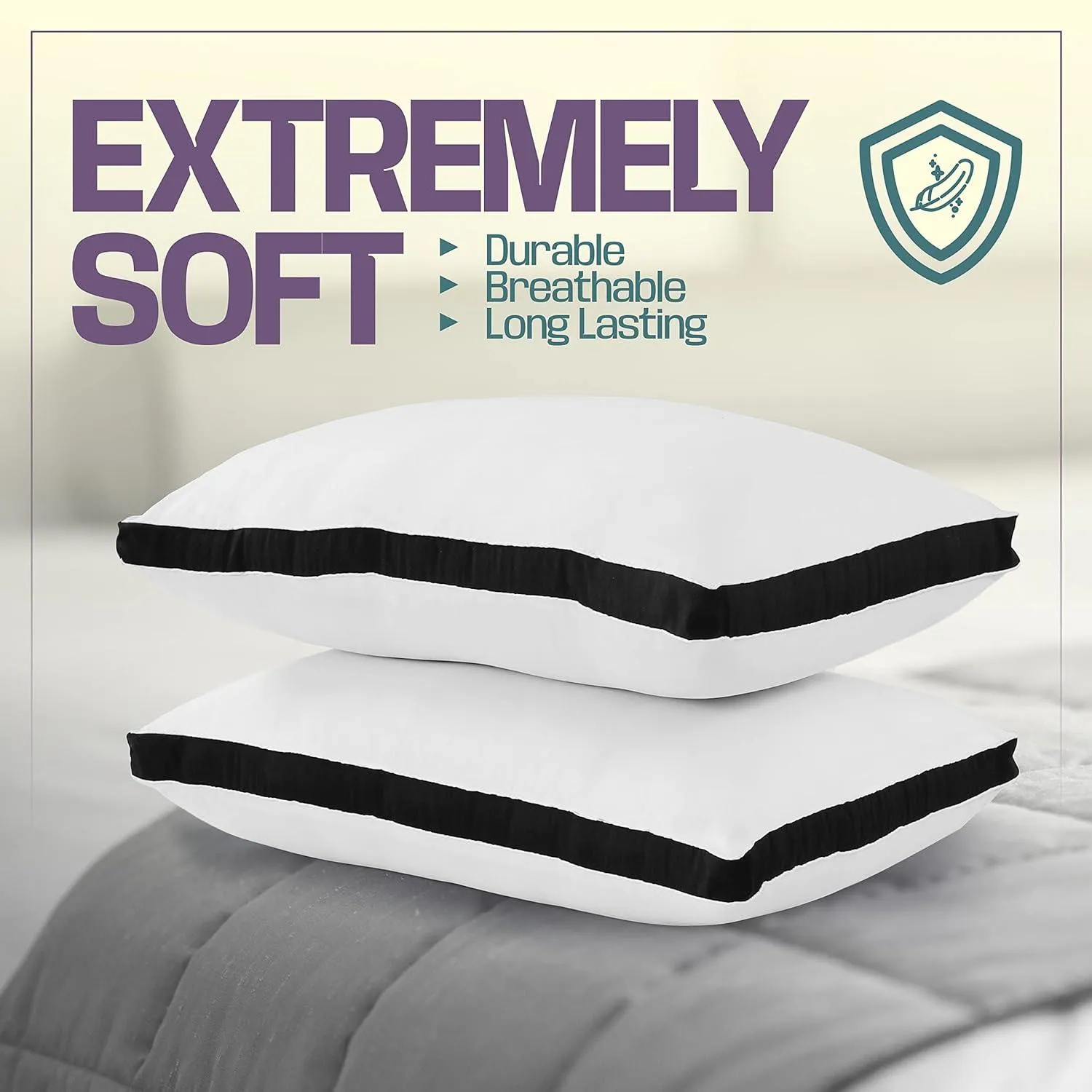 Hollowfibre Filled Bed Pillow Provide Extra Comfort To Back and Side Sleepers – Black – Pack of 2