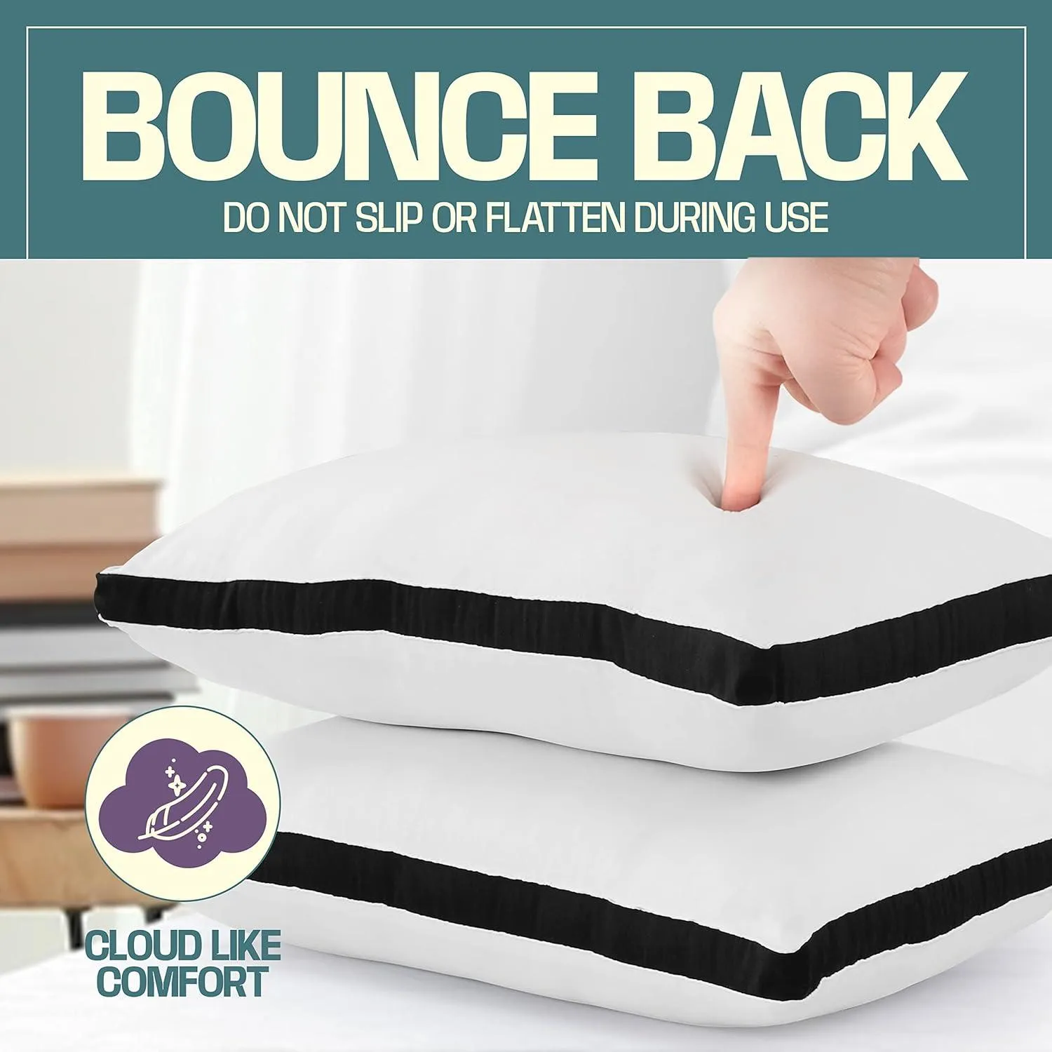 Hollowfibre Filled Bed Pillow Provide Extra Comfort To Back and Side Sleepers – Black – Pack of 2