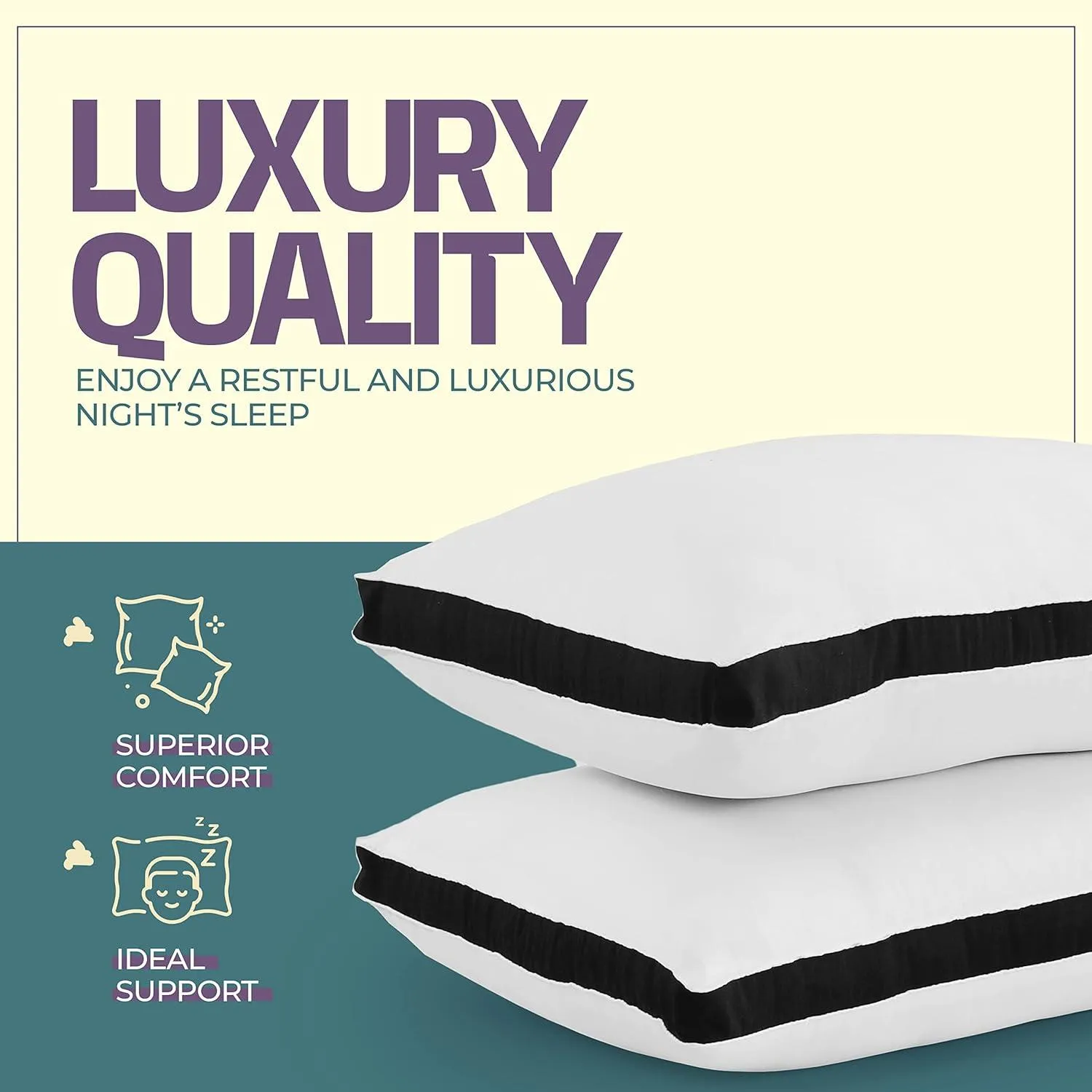Hollowfibre Filled Bed Pillow Provide Extra Comfort To Back and Side Sleepers – Black – Pack of 2