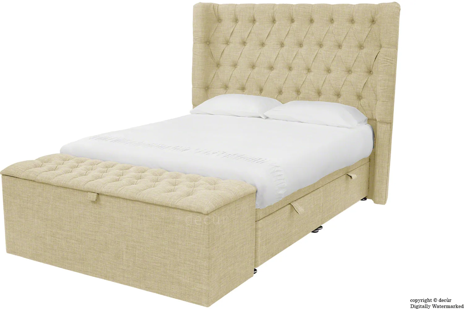 Hollyrood Linen Upholstered Winged Ottoman Bed - Sand