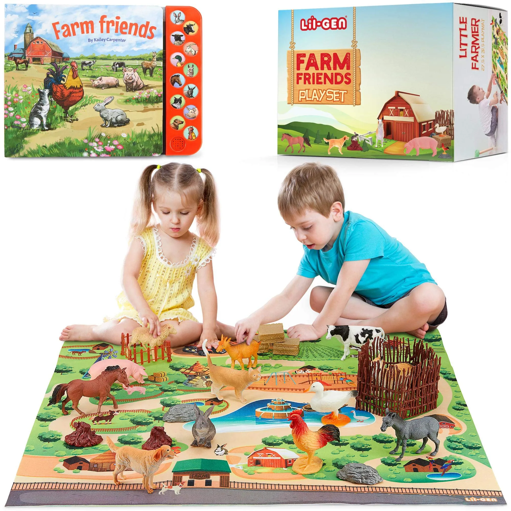 Lil-Gen Farm Animal Toys W/ Educational Animal Sound Book, 22pcs - 12 Small