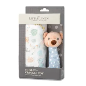 Little Linen TLLC Muslin Wrap & Crinkle Toy - Safari Bear