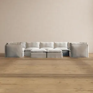 Modular Washable 7-Seater U-Sectional   Bench Ottoman in Milk | Deluxe  Seat | Cloud Pillow