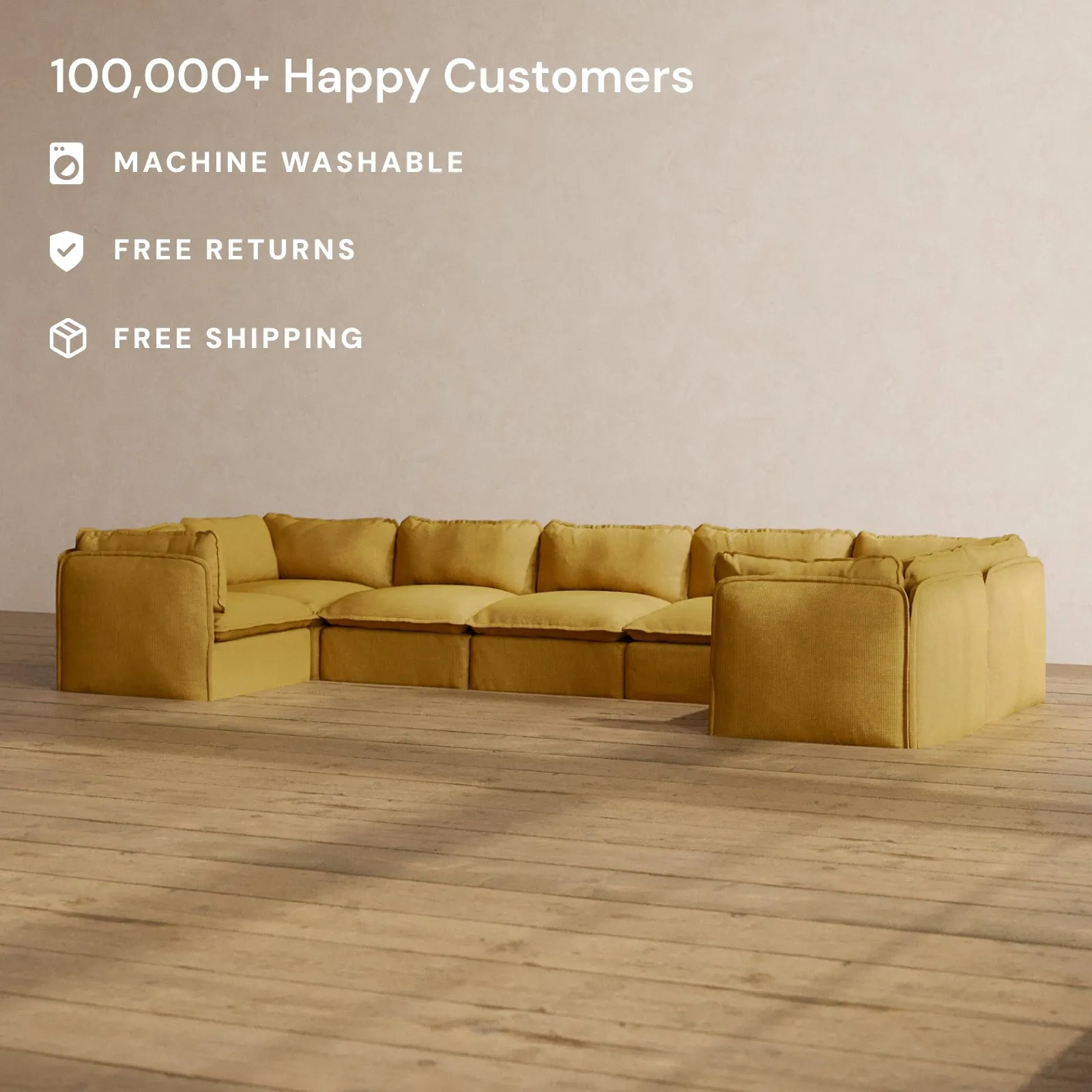Modular Washable 7-Seater U-Sectional in Kiiro | Deluxe  Seat | Cloud Pillow