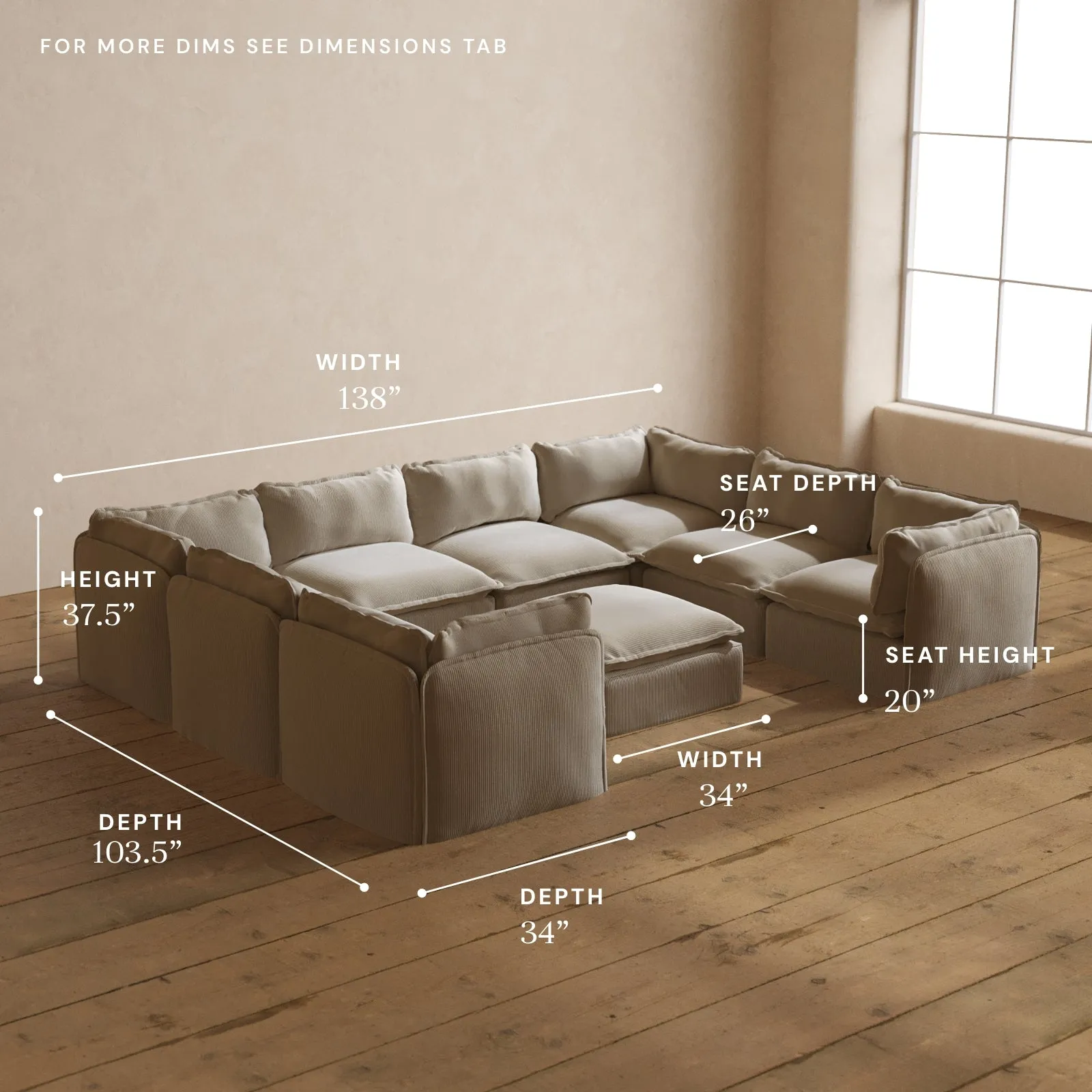 Modular Washable 8-Seater U-Sectional   Ottoman in Milk | Deluxe  Seat | Cloud Pillow