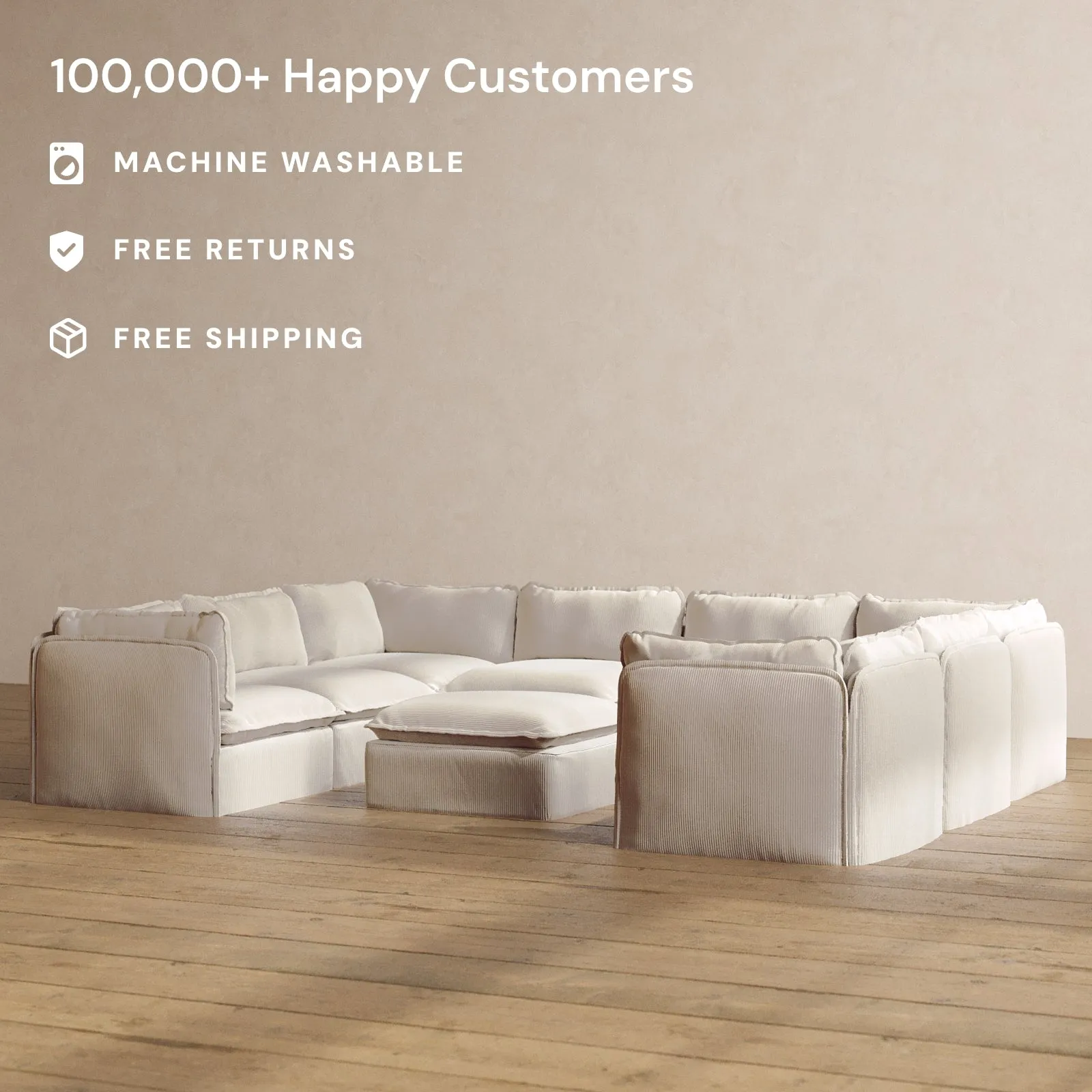 Modular Washable 8-Seater U-Sectional   Ottoman in Milk | Deluxe  Seat | Cloud Pillow