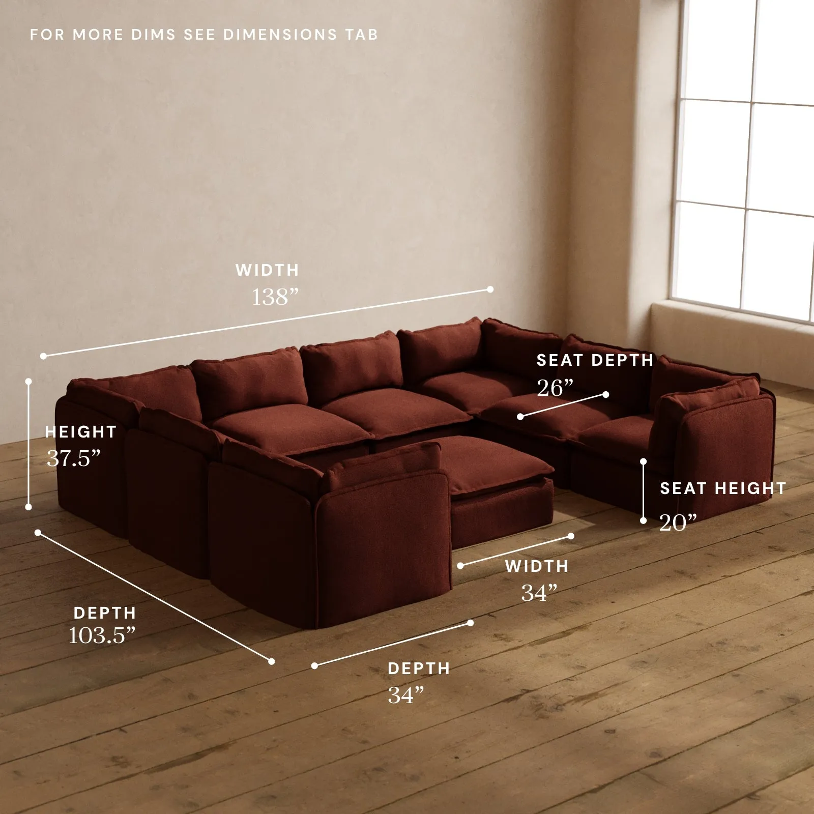 Modular Washable 8-Seater U-Sectional   Ottoman in Rust | Deluxe  Seat | Cloud Pillow