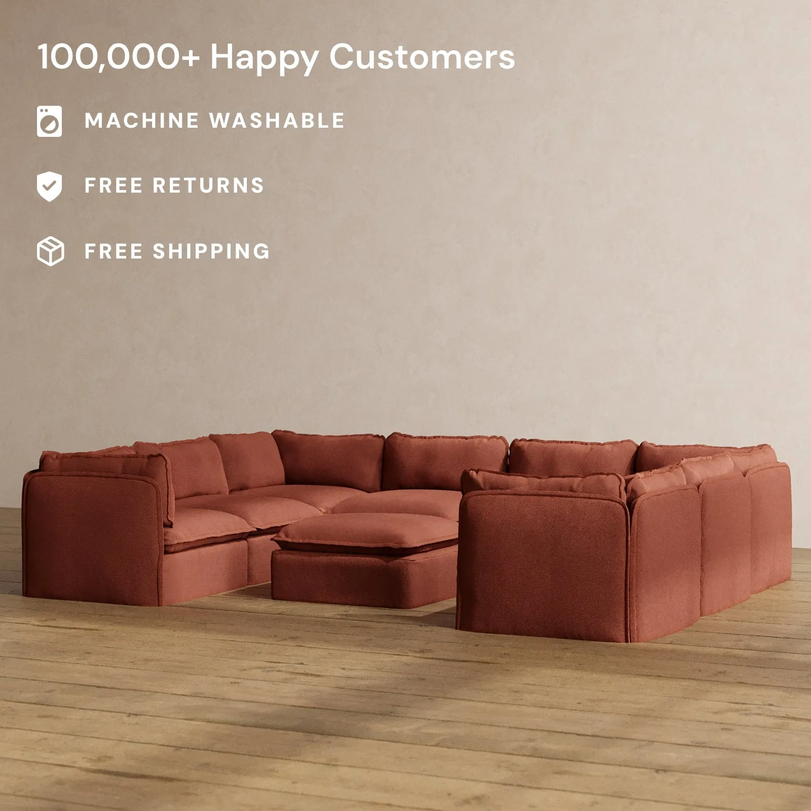 Modular Washable 8-Seater U-Sectional   Ottoman in Rust | Deluxe  Seat | Cloud Pillow