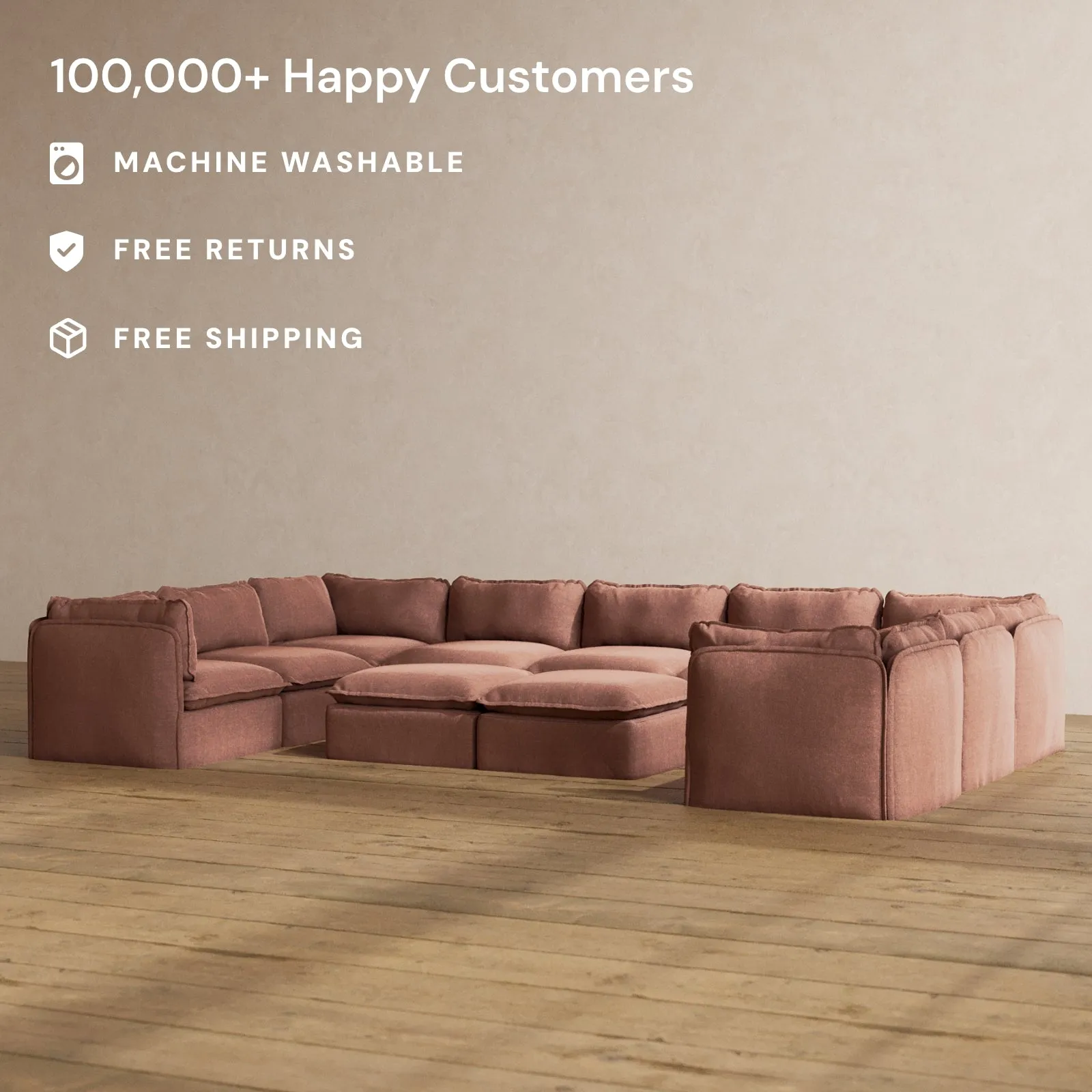 Modular Washable 9-Seater U-Sectional   Bench Ottoman in Chestnut | Deluxe  Seat | Contour Pillow