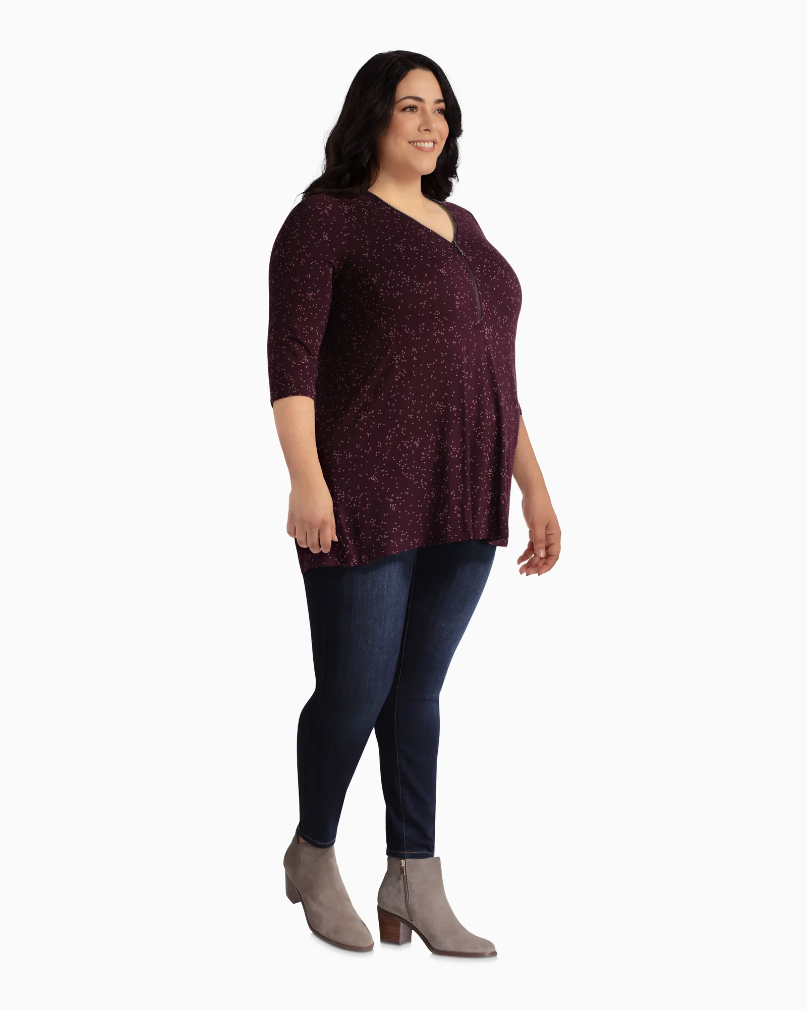 Roxana Zip-Neck Swing Top | Burgundy / Pink