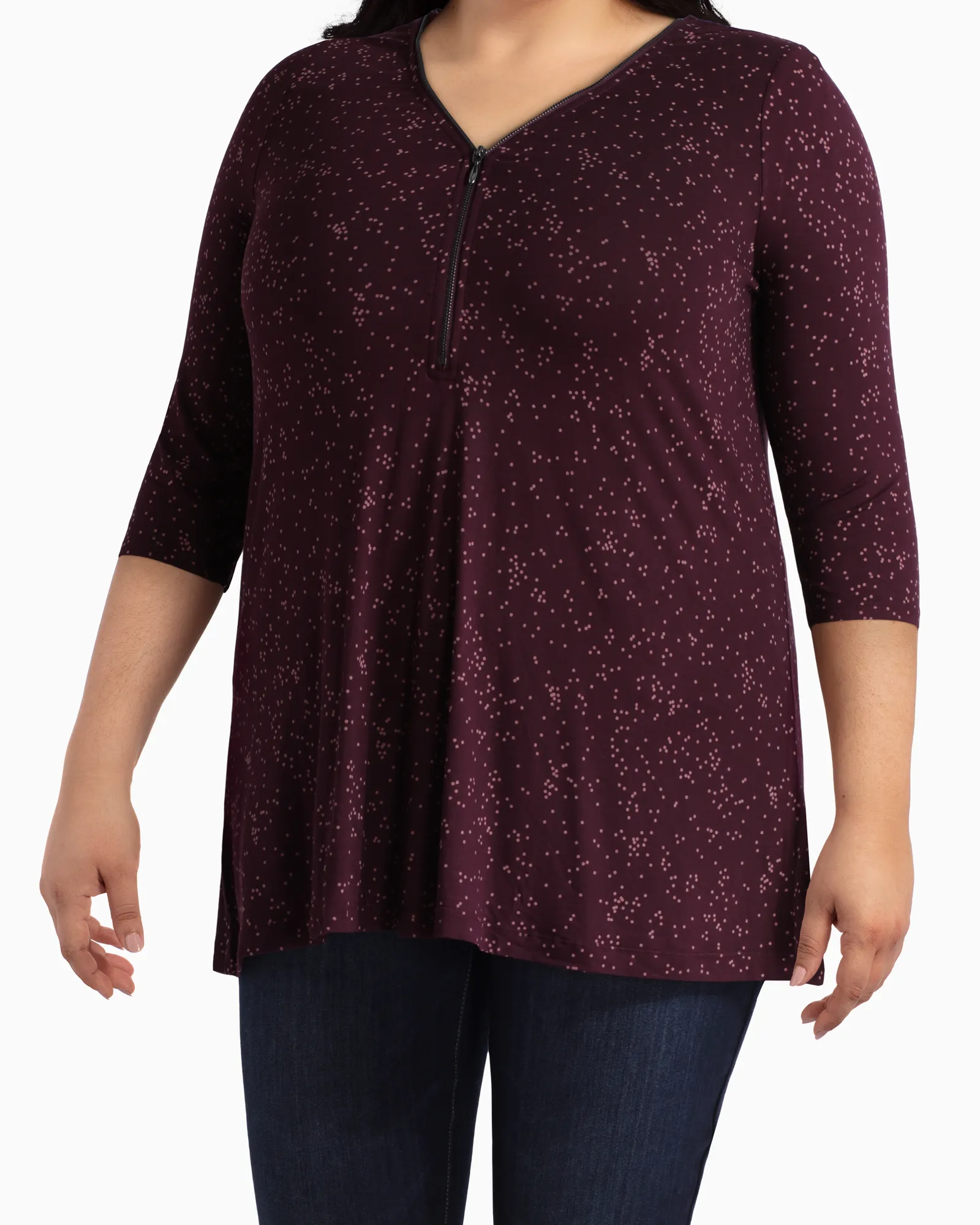 Roxana Zip-Neck Swing Top | Burgundy / Pink