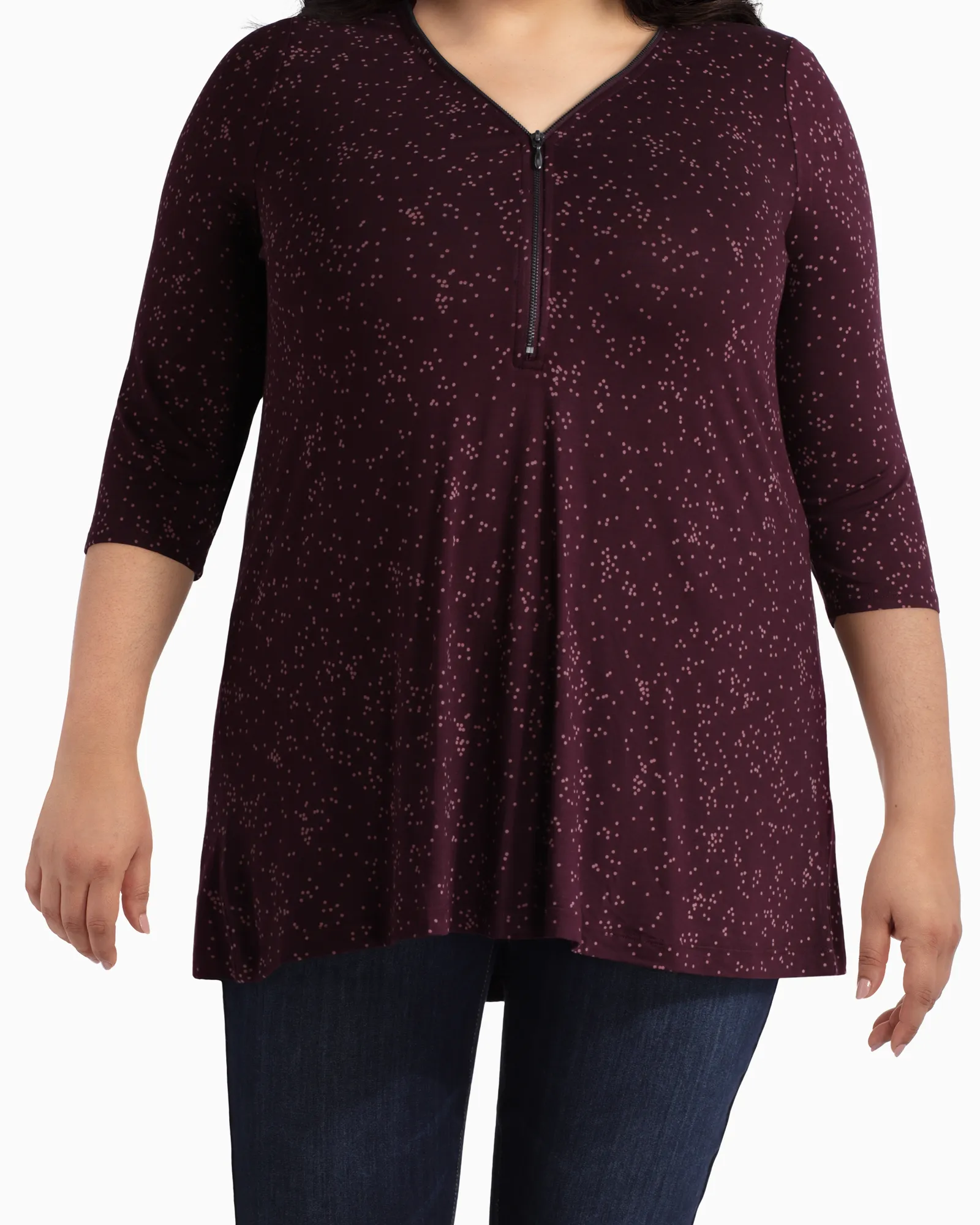 Roxana Zip-Neck Swing Top | Burgundy / Pink